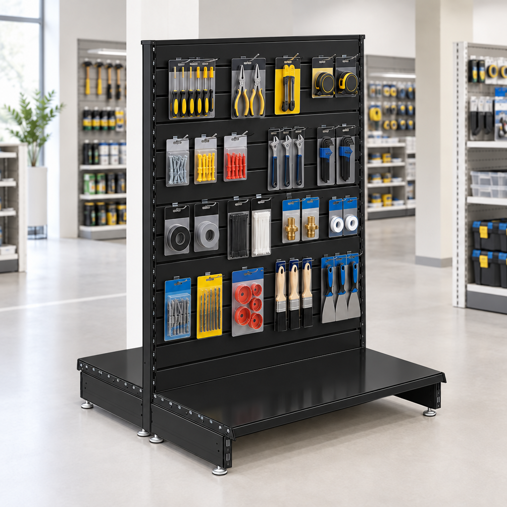 New lifestyle image of the black slatwall gondola unit in a modern DIY or hardware store