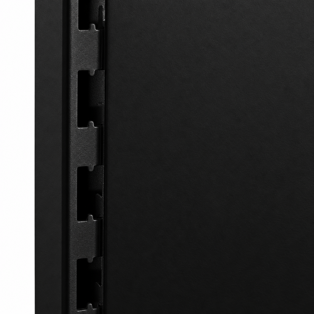 Black plain back panel and slotted upright detail.