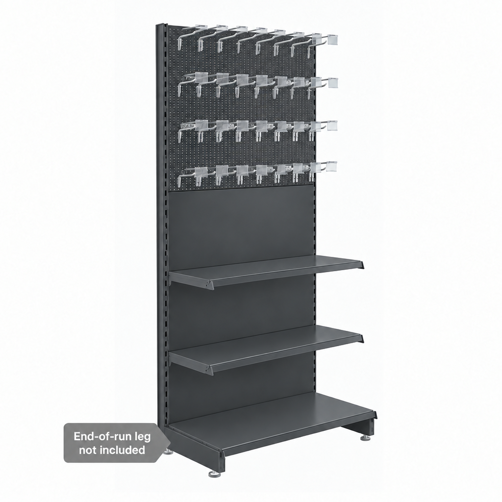 Dark grey H1800 x W1000mm trade stand extension bay with 32 hooks and two shelves