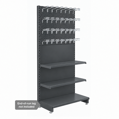 Dark grey H1800 x W1000mm trade stand extension bay with 32 hooks and two shelves