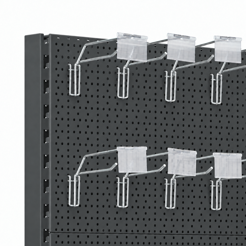 Dark grey perforated back panels with zinc hooks and clear ticket holders