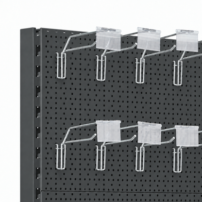 Dark grey perforated back panels with zinc hooks and clear ticket holders