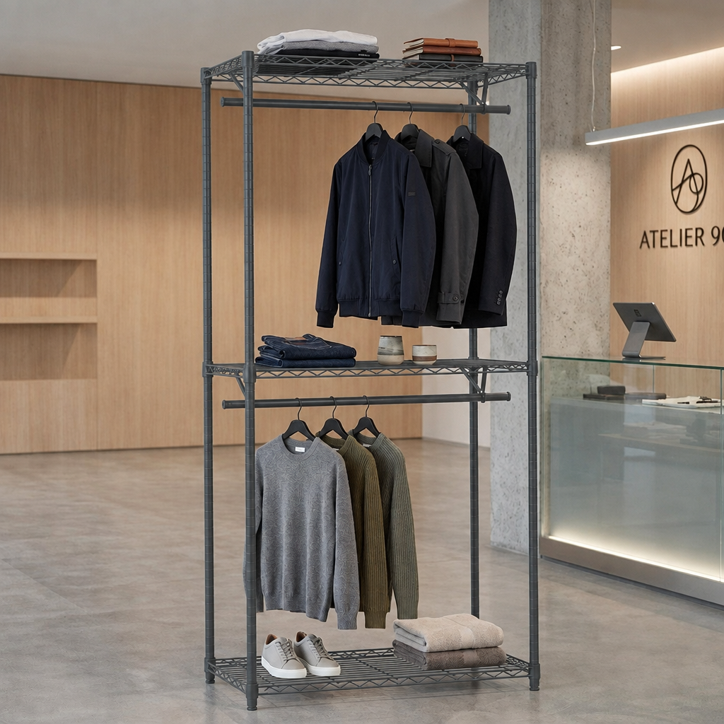 A carbon grey wire clothing rack with three shelves and hanging bars styled with garments in a modern boutique interior.