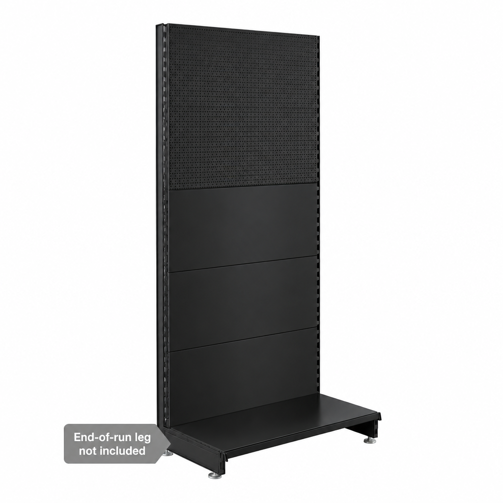 Black modular wall unit with plain and perforated panels and a base shelf