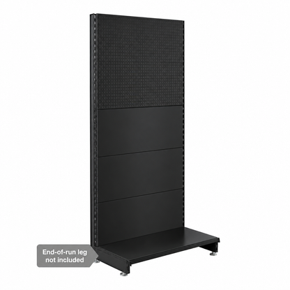 Black modular wall unit with plain and perforated panels and a base shelf