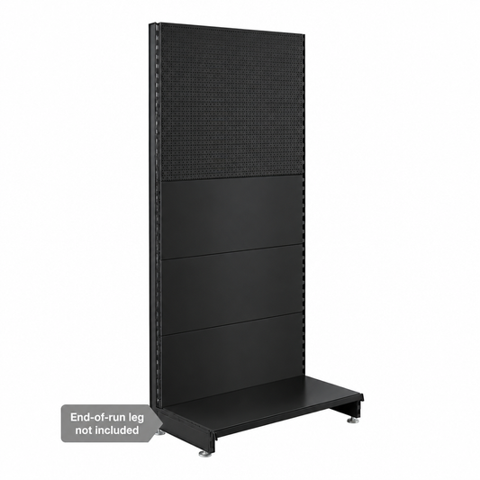 Black modular wall unit with plain and perforated panels and a base shelf