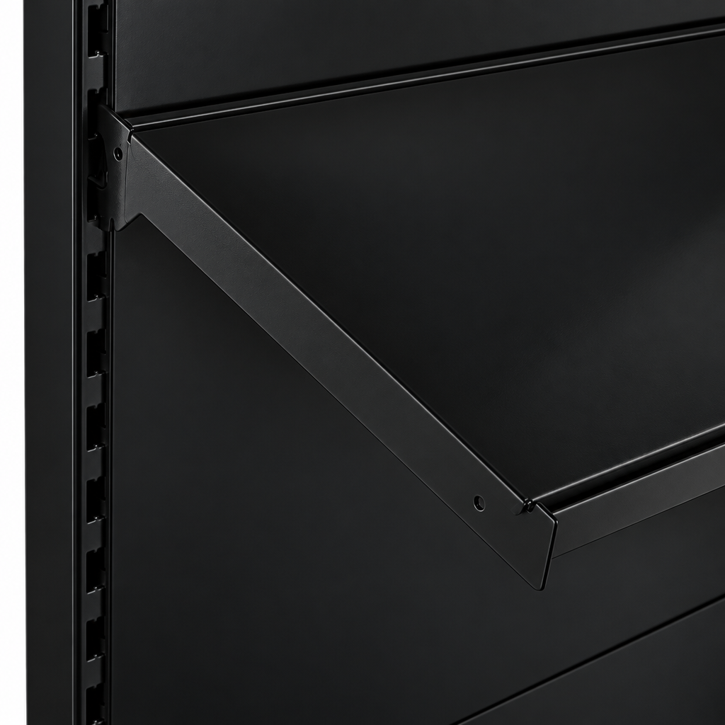Black RAL 9005 adjustable gondola shelf detail.
