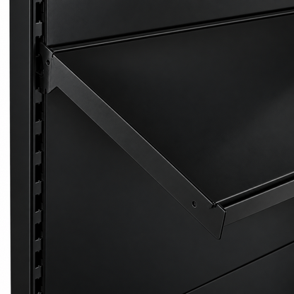Black RAL 9005 adjustable gondola shelf detail.