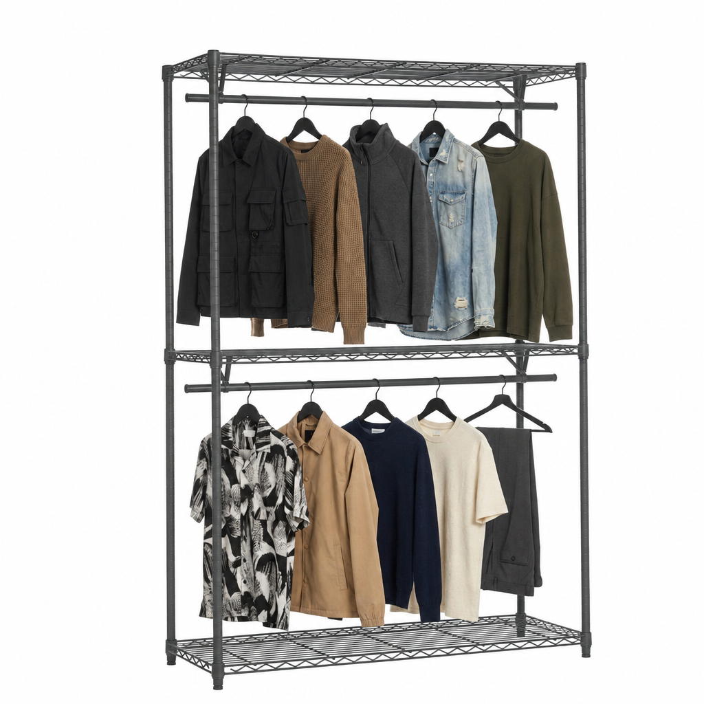 A carbon grey metal two-tier clothing rack with wire shelves holding garments on hangers against a plain white background.