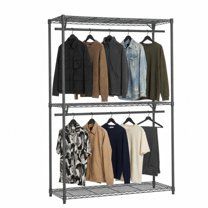 A carbon grey metal two-tier clothing rack with wire shelves holding garments on hangers against a plain white background.