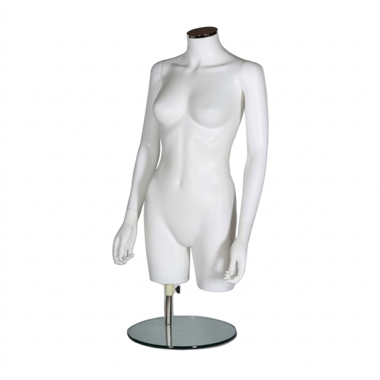 Matt-white headless female mannequin torso with arms on an adjustable chrome stand and round glass base