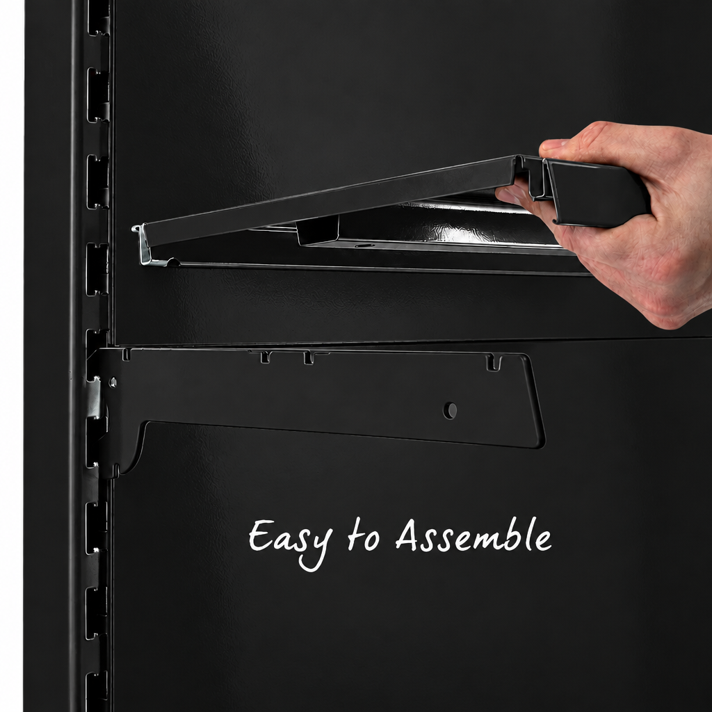 Black shelf, bracket and back panel assembly detail