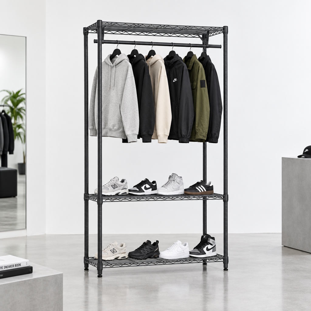 Carbon grey wire clothes rack with hoodies, jackets and trainers in a minimal modern streetwear store
