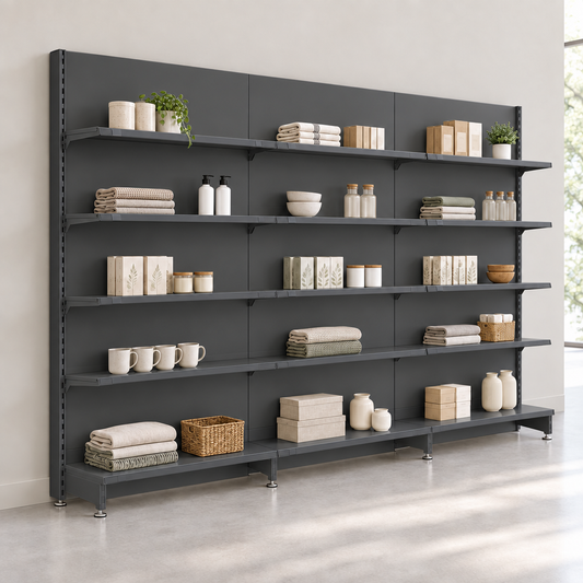 Lightly merchandised dark grey shelving run against a shop wall