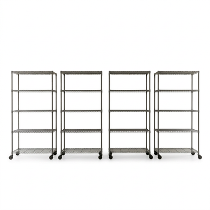 Pack of four five-tier mobile carbon grey wire shelving units on white