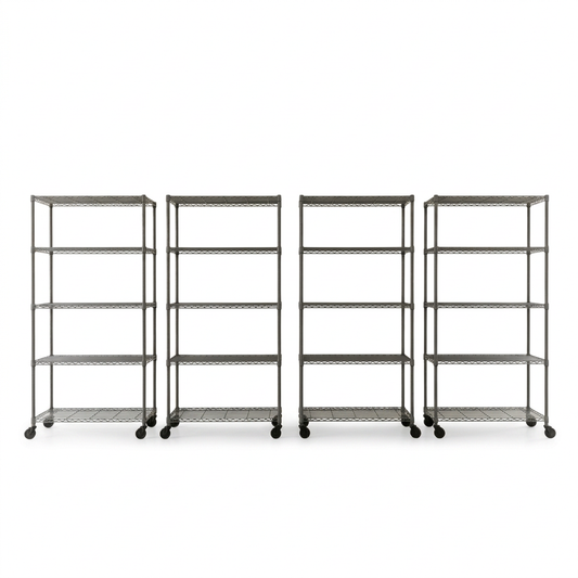 Pack of four five-tier mobile carbon grey wire shelving units on white