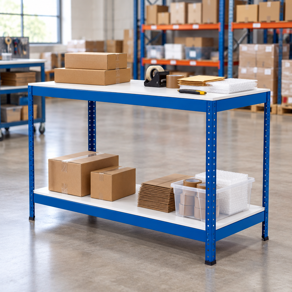 Blue steel workbench with two melamine shelves in a warehouse packing area