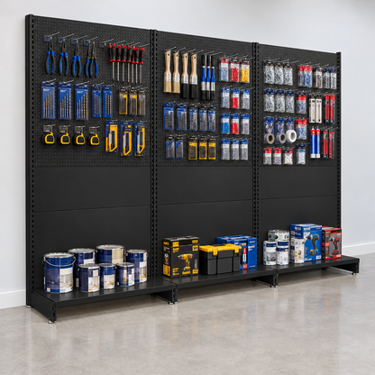 Run of black modular wall units displaying hardware shop tools and stock