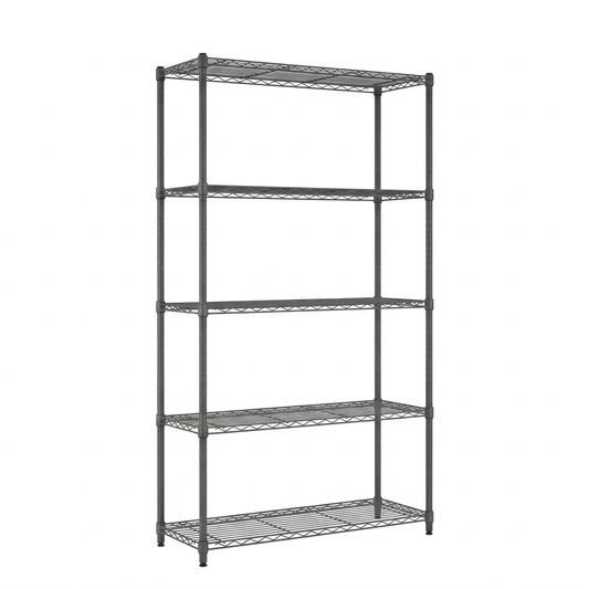 Five-tier narrow carbon grey wire shelving with a shallow 350mm depth on white