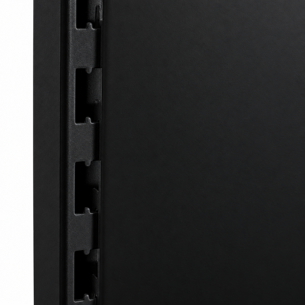 Black plain back panel attachment and slotted upright detail