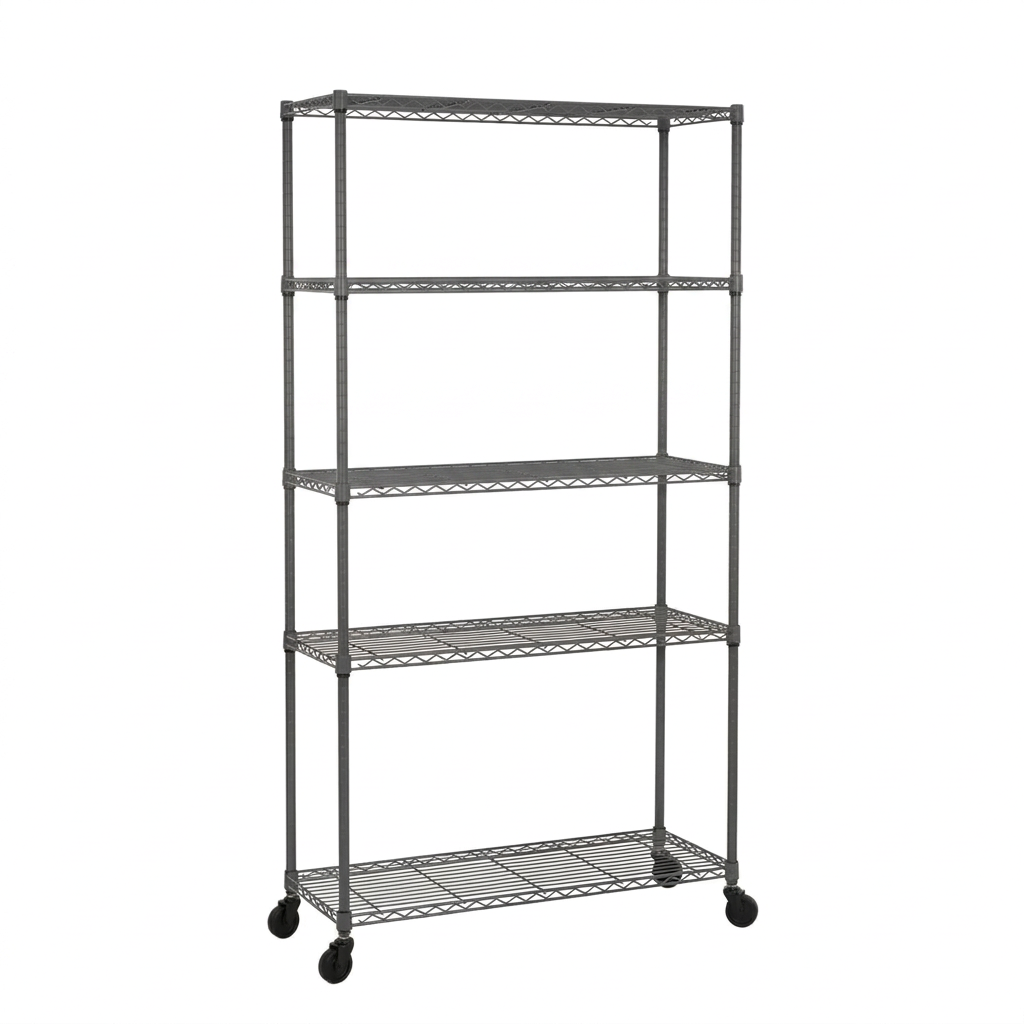 Five-tier narrow mobile carbon grey wire shelving unit on a white background