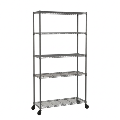 Five-tier narrow mobile carbon grey wire shelving unit on a white background