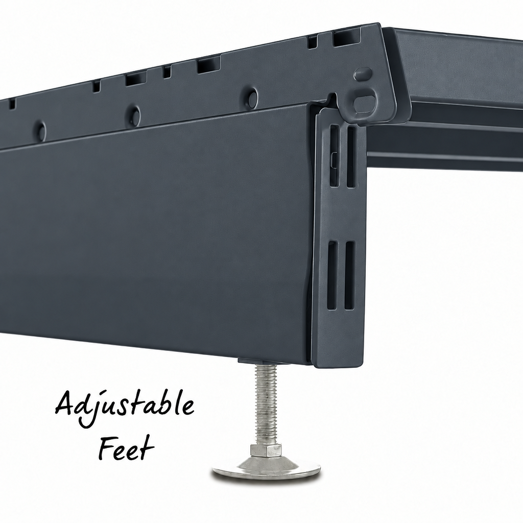 Dark grey RAL 7015 shelving adjustable foot detail.