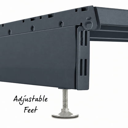 Dark grey RAL 7015 shelving adjustable foot detail.