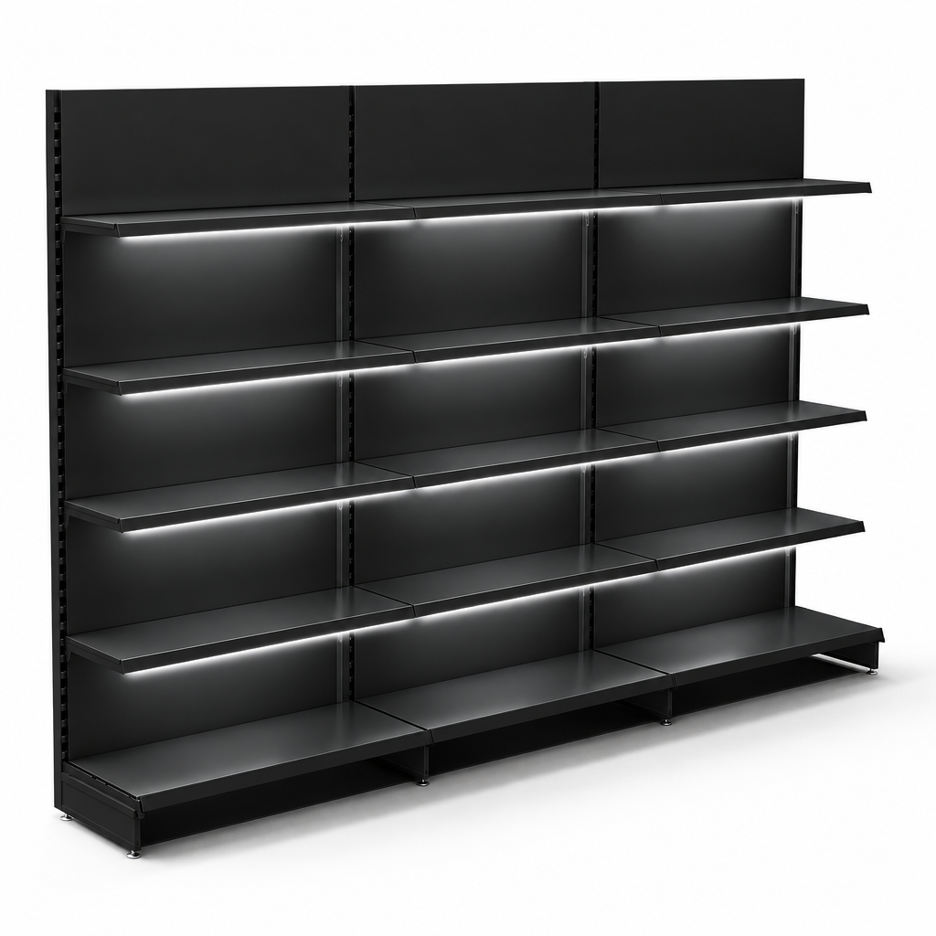 Black three-bay retail wall shelving with LED lighting