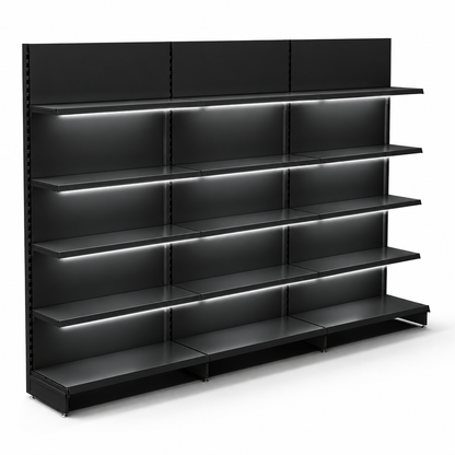 Black three-bay retail wall shelving with LED lighting