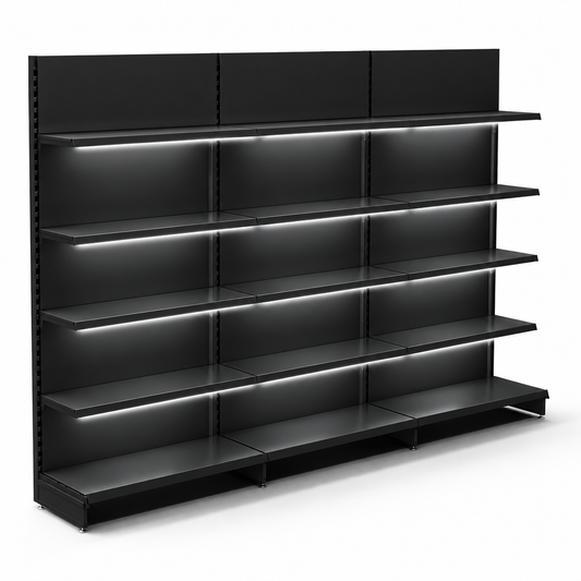 Black three-bay retail wall shelving with LED lighting