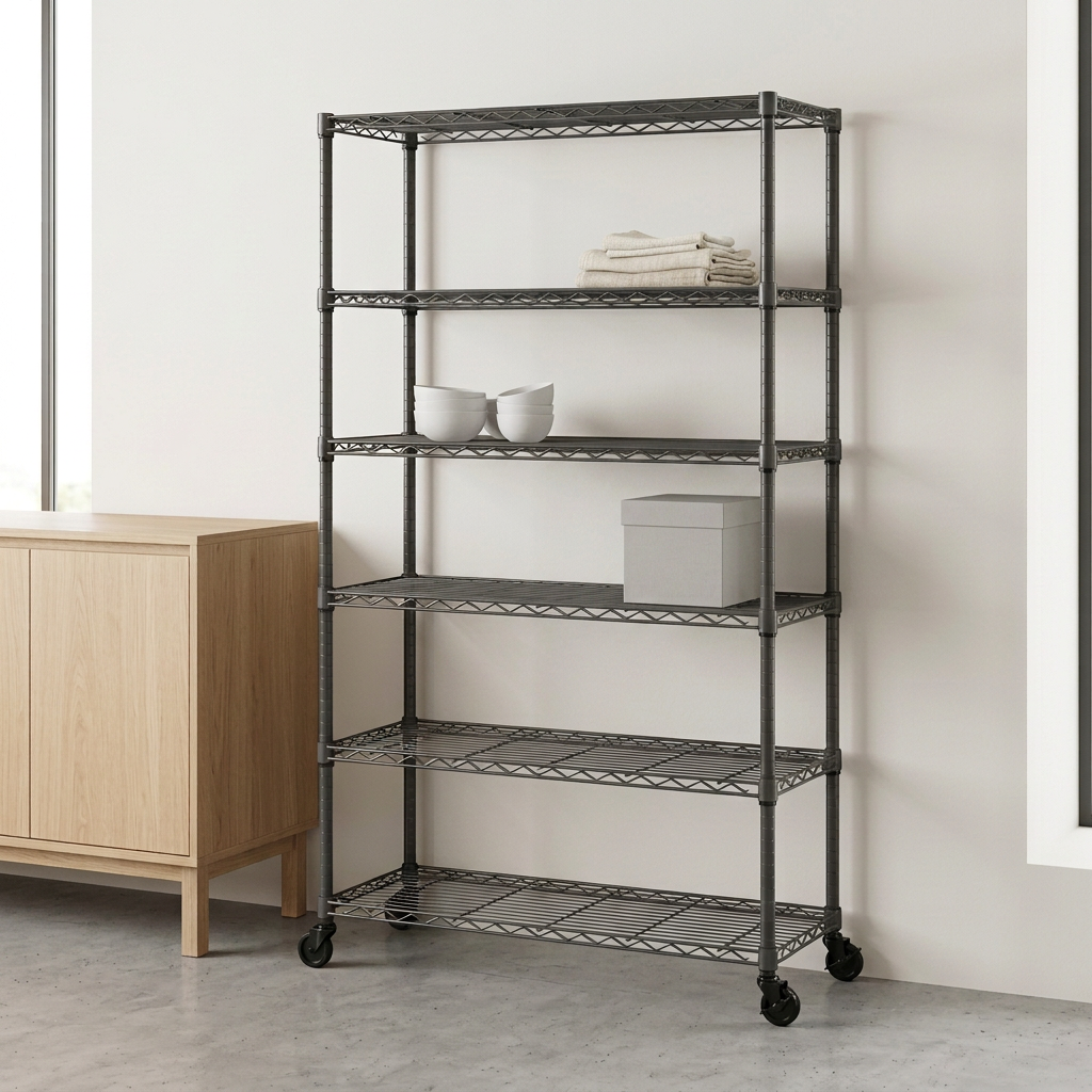 Six-tier narrow mobile carbon grey wire shelving displaying textiles and ceramics in a minimal retail setting