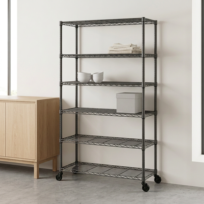 Six-tier narrow mobile carbon grey wire shelving displaying textiles and ceramics in a minimal retail setting