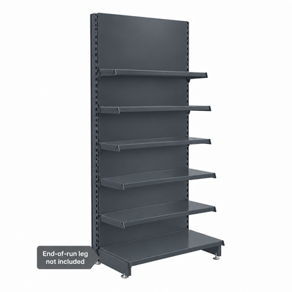 Dark grey retail shelving with solid dark grey back panels, five upper shelves and base shelf. End-of-run leg not included.