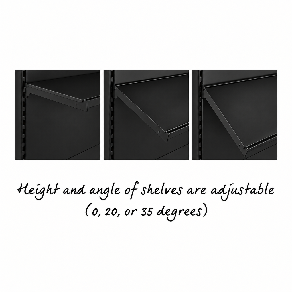 Black retail shelves showing adjustable shelf angles