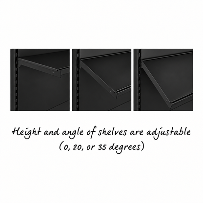 Black retail shelves showing adjustable shelf angles