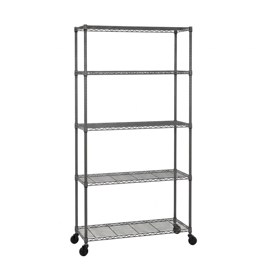 Slimmer five-tier mobile carbon grey wire shelving unit on a white background