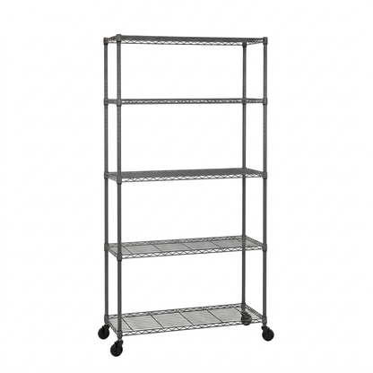 Slimmer five-tier mobile carbon grey wire shelving unit on a white background