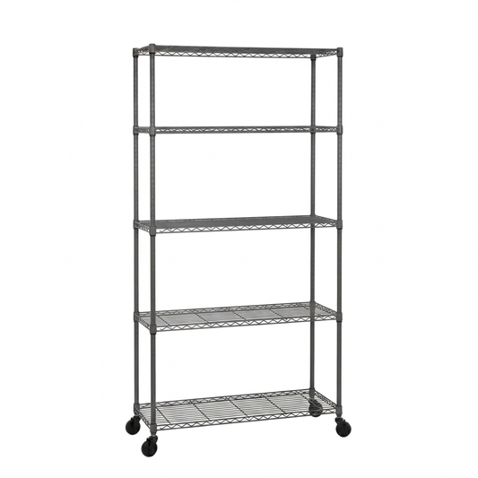 Slimmer five-tier mobile carbon grey wire shelving unit on a white background