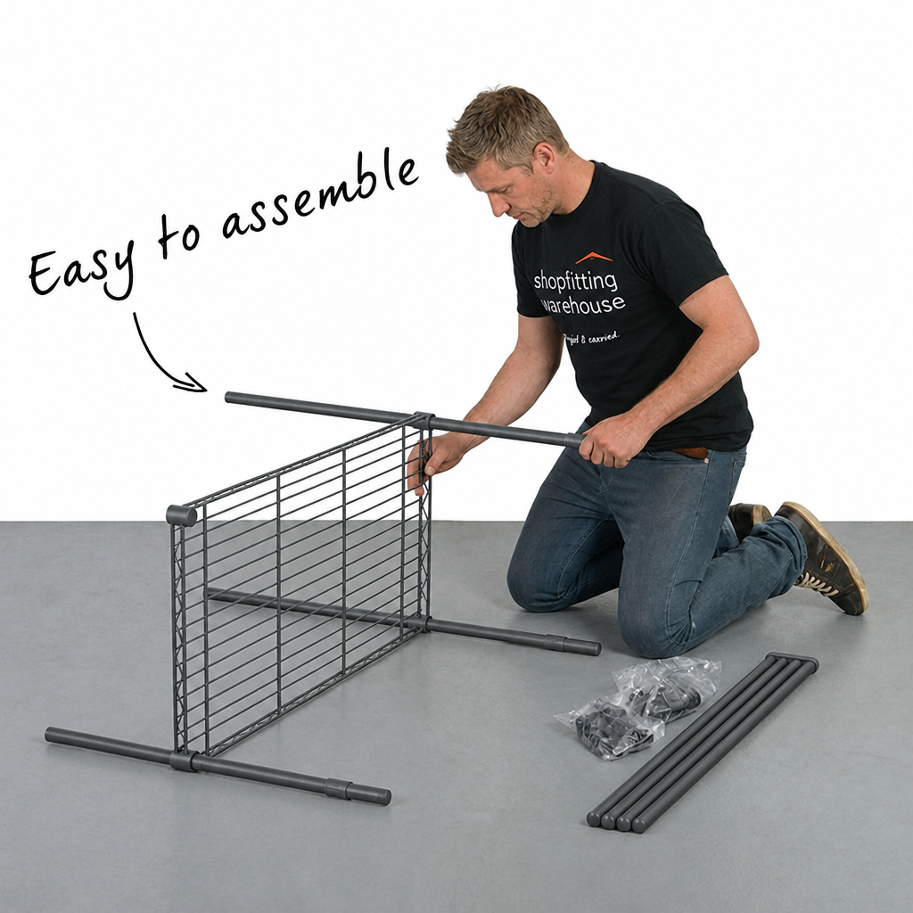 A man assembling a carbon grey wire shelving unit, with a handwritten overlay reading 'Easy to assemble'.
