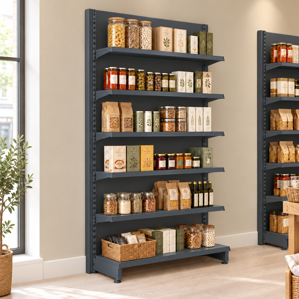 Lifestyle illustration of dark grey shelving with solid dark grey back panels in a modern shop. Merchandise, additional bays and end-of-run supports not included.