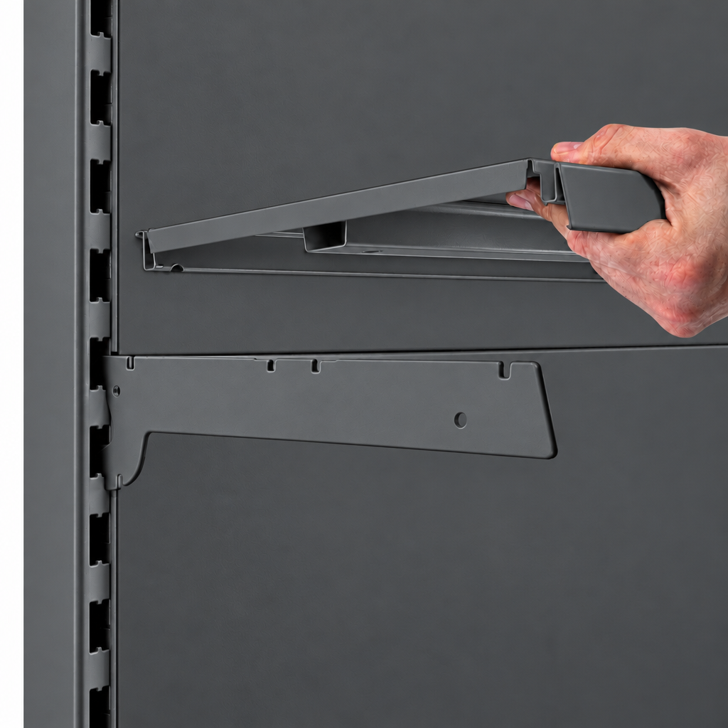Installing a shelf on a Dark Grey retail shelving upright
