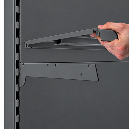 Installing a shelf on a Dark Grey retail shelving upright