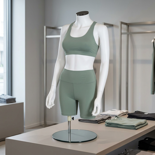 Matt-white female mannequin torso displaying sage activewear in a retail setting