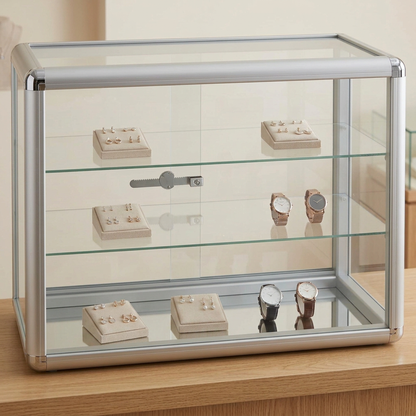 Silver glass countertop display cabinet with two shelves and lock displaying jewellery and watches on an oak counter