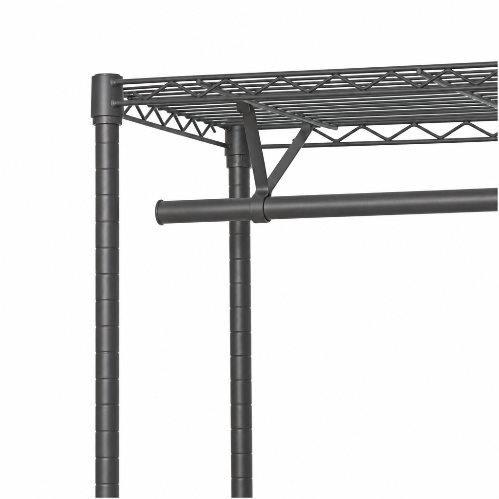Carbon grey metal wire storage shelf with adjustable vertical legs and a horizontal support bar on a plain white background.