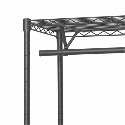 Carbon grey metal wire storage shelf with adjustable vertical legs and a horizontal support bar on a plain white background.