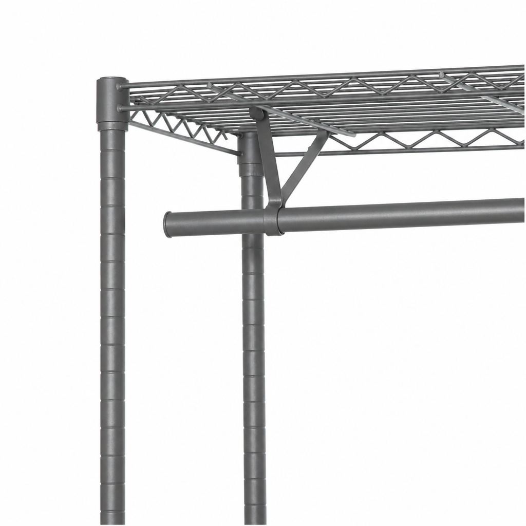 Carbon grey metal wire storage shelf with adjustable vertical legs and a horizontal support bar, shown on a plain white background