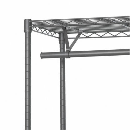 Carbon grey metal wire storage shelf with adjustable vertical legs and a horizontal support bar, shown on a plain white background