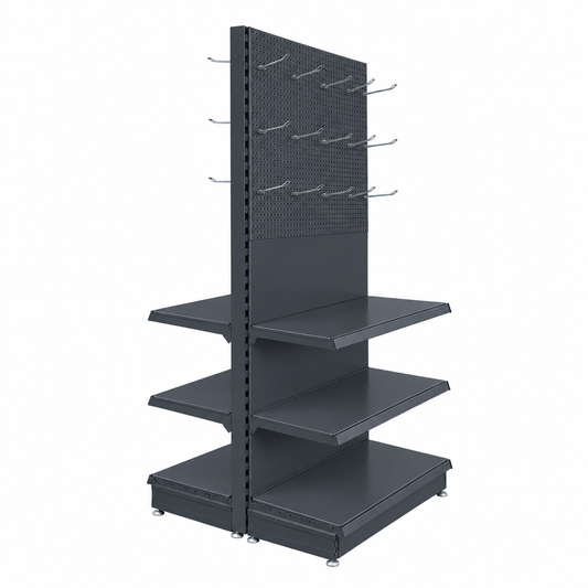 Dark Grey RAL 7015 double-sided trade gondola with silver hooks